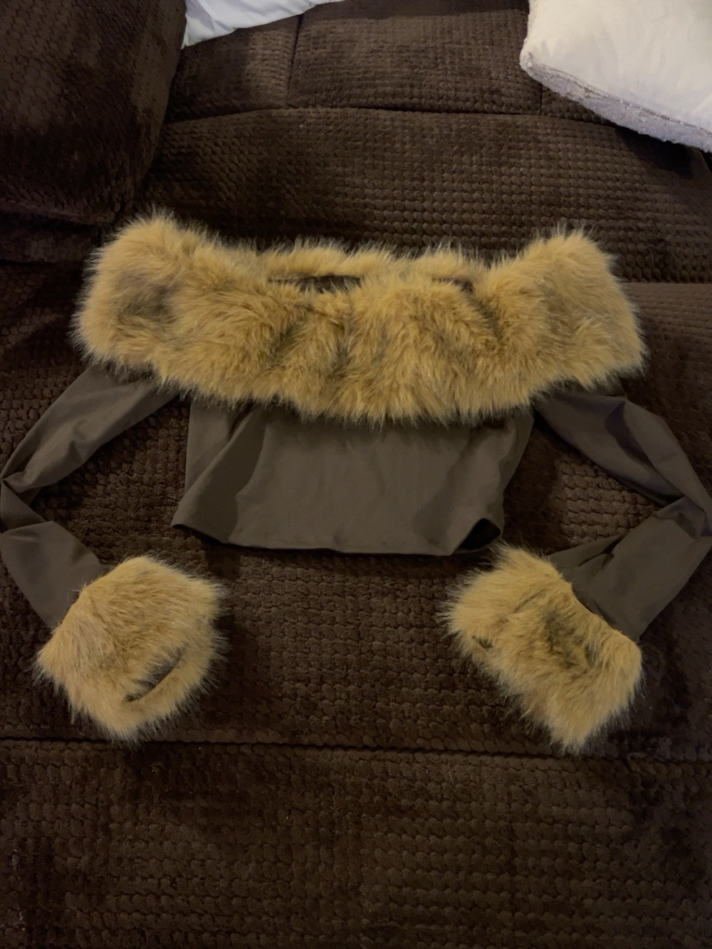 SHEIN Brown Faux Fur Trim Off Shoulder Crop Top Small Y2K